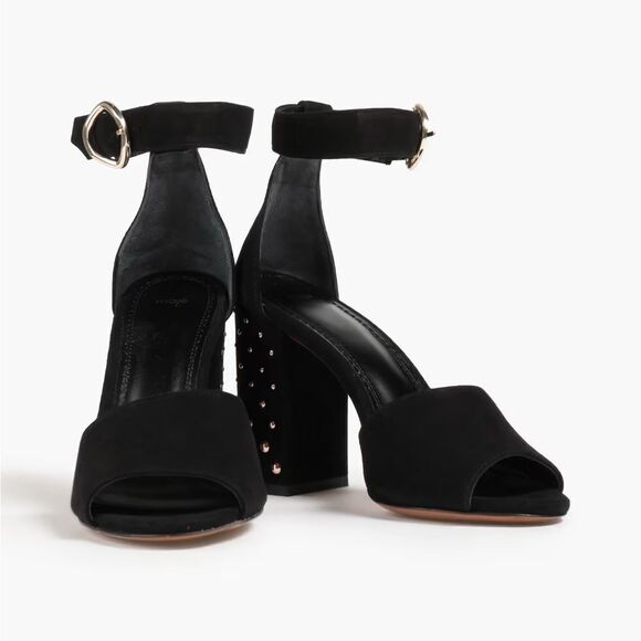 NWOB MAJE $360 Black Suede Studded Block Heel Open Toe Sandals size 36 US 6 - Picture 2 of 9